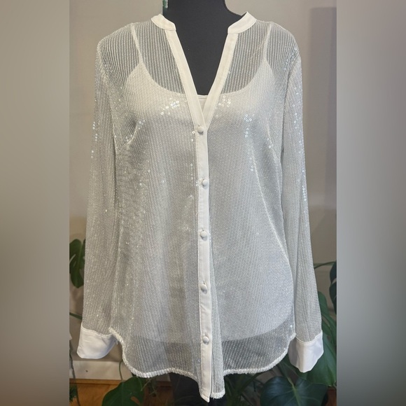 NWT White House Black Market Sheer Button-Up Sequin Blouse - Picture 3 of 11